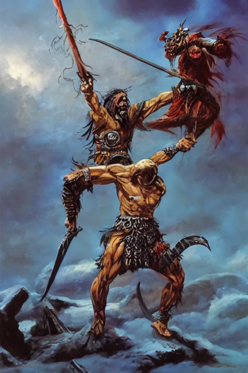 Image similar to the undead barbarian warrior fights a god, concept art by boris vallejo and michael whelan