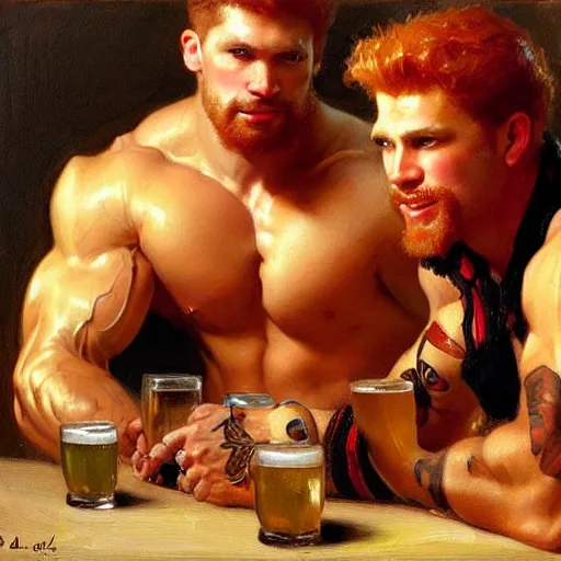 Prompt: attractive muscular mike with ginger hair with muscular attractive tyler with brunet hair, drinking their hearts out, in a pub. very defined and highly detailed painting by gaston bussiere, j. c. leyendecker, craig mullins 8 k