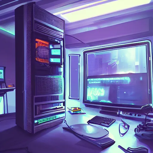 Prompt: A Desktop Computer Tower Case removed, cyberpunk bedroom, award winning, very detailed, artstation, realism