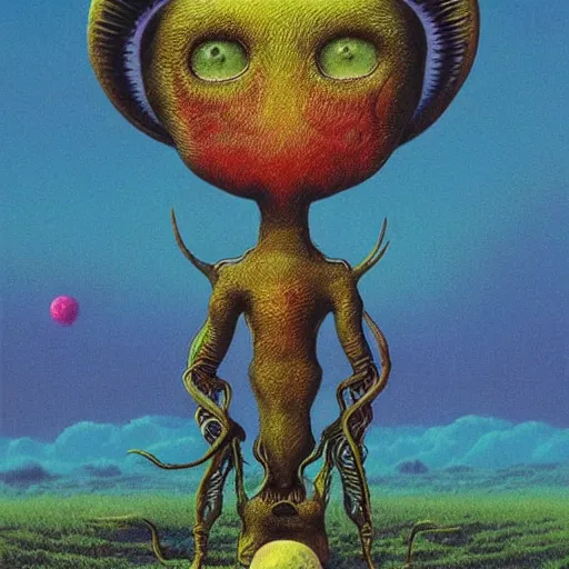 Image similar to beautiful little alien animal in an alien landscape, alien bestiary by Beksinski and Lisa Frank and Audobon and Studio Ghibli