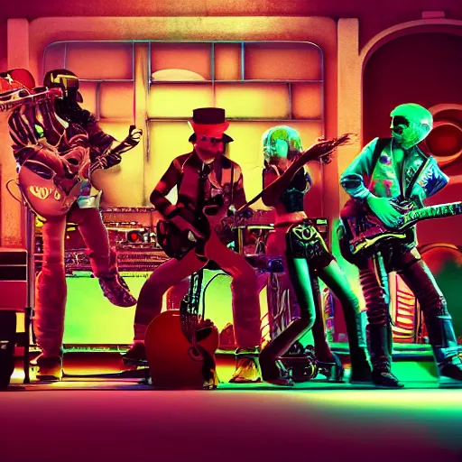 Image similar to album art, rockband with 3 dieselpunk robots playing guitar, robos rock, 8 k, flourescent colors, halluzinogenic, multicolored, exaggerated detailed, front shot, 3 d render, octane