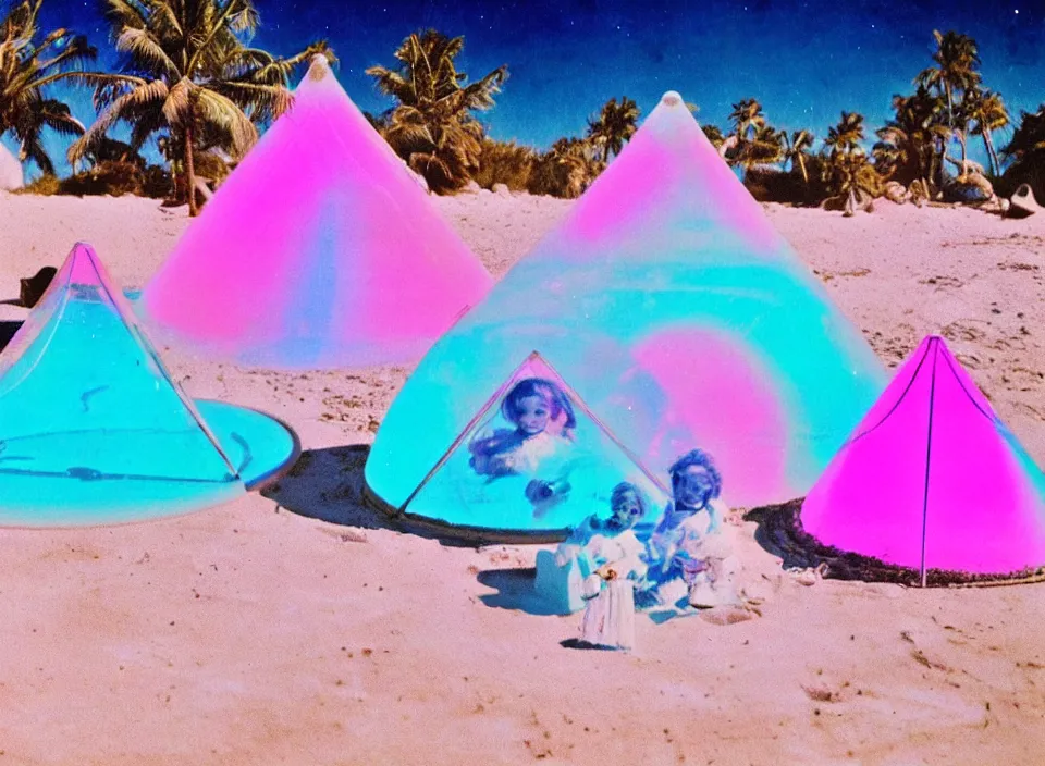 Image similar to a vintage family holiday photo of an empty beach from an alien dreamstate world with chalky pink iridescent!! sand, reflective lavender ocean water, dim bioluminescent plant life and an igloo shaped plastic transparent bell tent surrounded by holiday clutter opposite a pit with an iridescent blue flame flickering. refraction, volumetric, light.