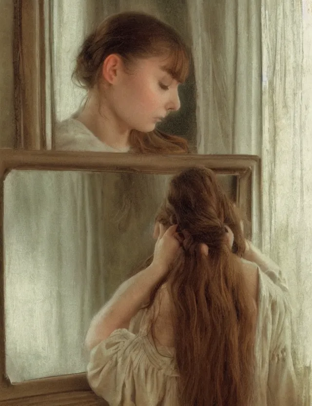 Image similar to peasant girl brushing her hair in front of a mirror, portray, Cinematic focus, Polaroid photo, vintage, neutral colors, soft lights, foggy, by Steve Hanks, by Serov Valentin, by lisa yuskavage, by Andrei Tarkovsky 8k render, detailed, oil on canvas