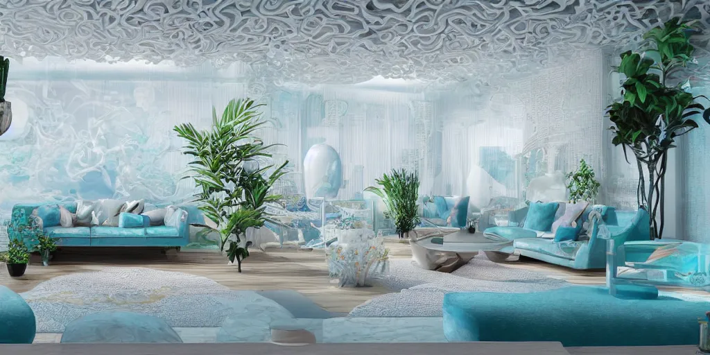 Prompt: a modern indoor room underwater surounded a hiper detailed inkdrop in water, clean architecture, pastel colored, baroque, a couch, a couch table, some fresh plants, intricate detailed 3 d render, hyper realistic intricate acrilic fluid art, elegant, intense colors, wide shot, octane render, concept art, daylight, peaceful, 8 k