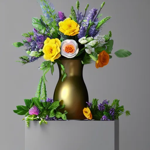Image similar to beautiful amazing art of intricate flowers arrangement in vase, modern color, by art by alesso baldovinetti, trending on artstation, featured on behance, octane render, vector art, f 4, ultrawide, golden ratio, well composed, cohesive