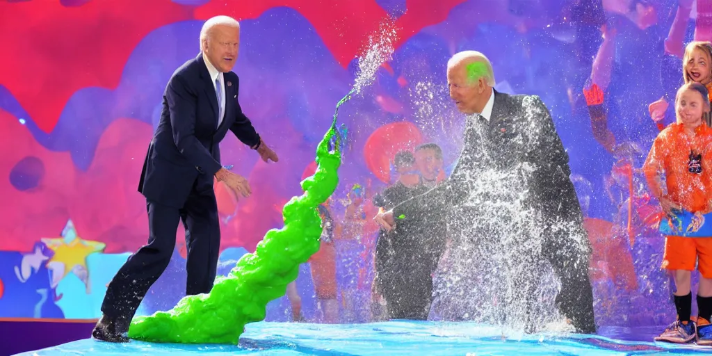 Prompt: joe biden getting slimed at the kids choice awards. high quality 8 k resolution