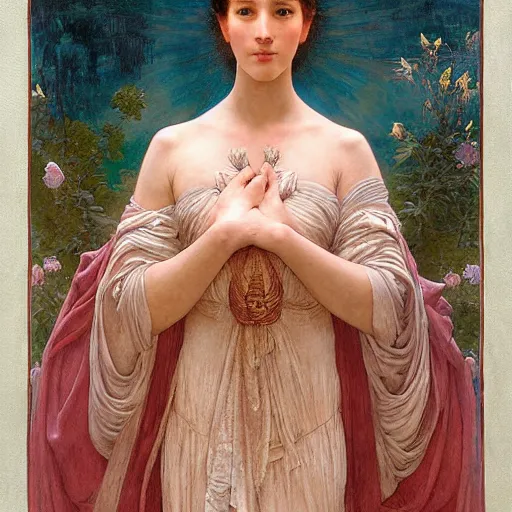 Prompt: princess of the dawn, by annie swynnerton and charlie bowater and diego rivera and william - adolphe bouguereau, nicholas roerich and jean delville and evelyn de morgan, dramatic lighting, brocade robes, elaborate floral ornament, rich colors, smooth sharp focus, extremely detailed, donato giancola, adolf wolfli