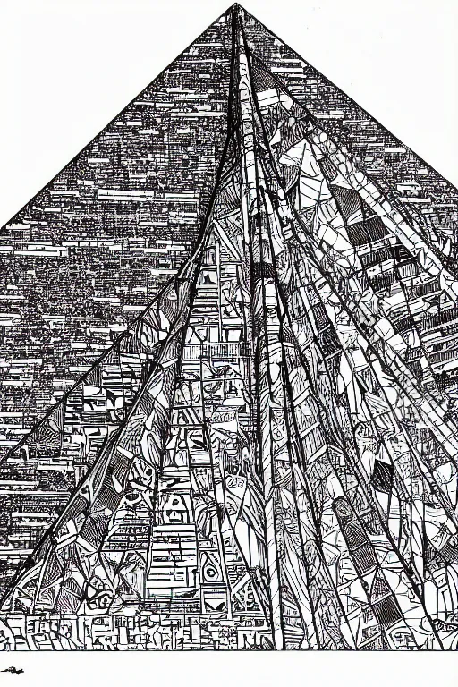 Image similar to a black and white drawing of a egyptian pyramid cityscape, a detailed mixed media collage by hiroki tsukuda and eduardo paolozzi and moebius, intricate linework, sketchbook psychedelic doodle comic drawing, geometric, street art, polycount, deconstructivism, matte drawing, academic art, constructivism