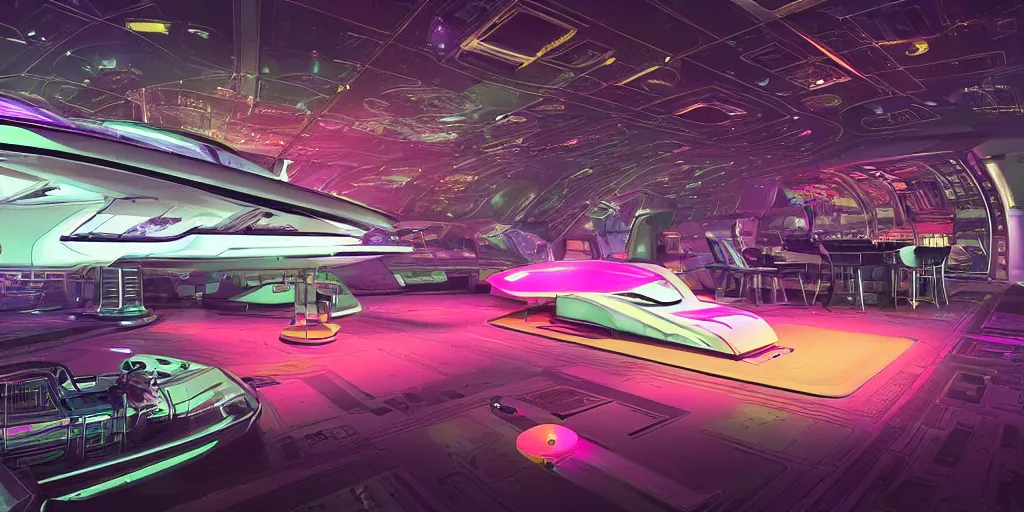 Prompt: a modern luxury spaceship on a landing pad in a busy neon-lit futuristic city
