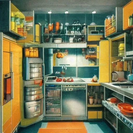 Prompt: IKEA catalogue photo of a cyberpunk kitchen, by Paul Lehr