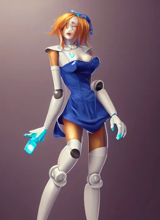 Image similar to a robot wearing a maid dress, blue dress, stripped thigh high, full body shot, highly detailed, digital painting, artstation, concept art, smooth, sharp focus, illustration