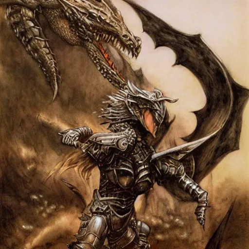 Prompt: a fully armored woman fights with dragon art by alan lee