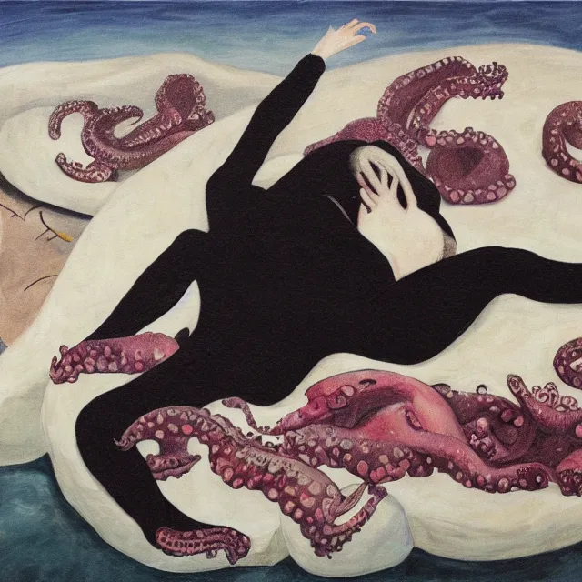 Image similar to a female art student falling asleep, iceberg, black paint, sensual, cloudy, squashed berries, octopus, neo - impressionist, surrealism