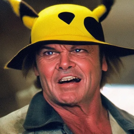 Prompt: Jack Nicholson plays Terminato and he shoots Pikachu, yellow fur explodes