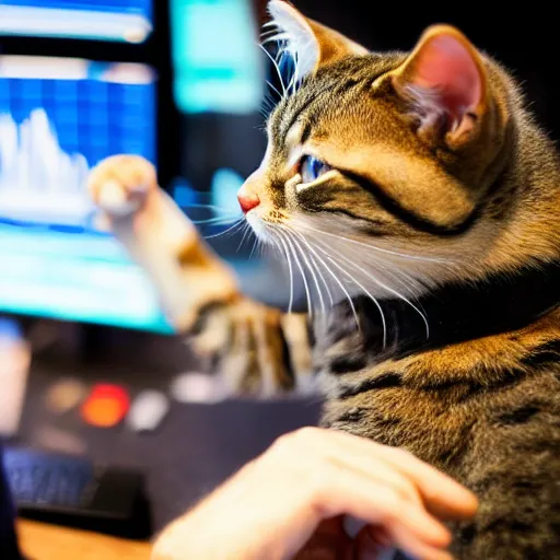 Prompt: photo of anthropomorphic cat trading stocks