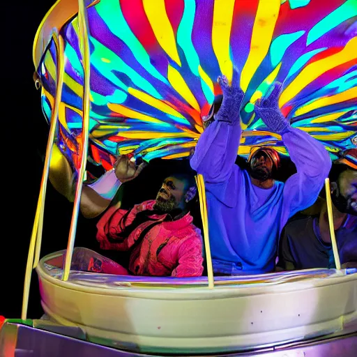 Image similar to death grips riding tilt - a - whirl at a carnival, mc ride, zach hill, andy morin,