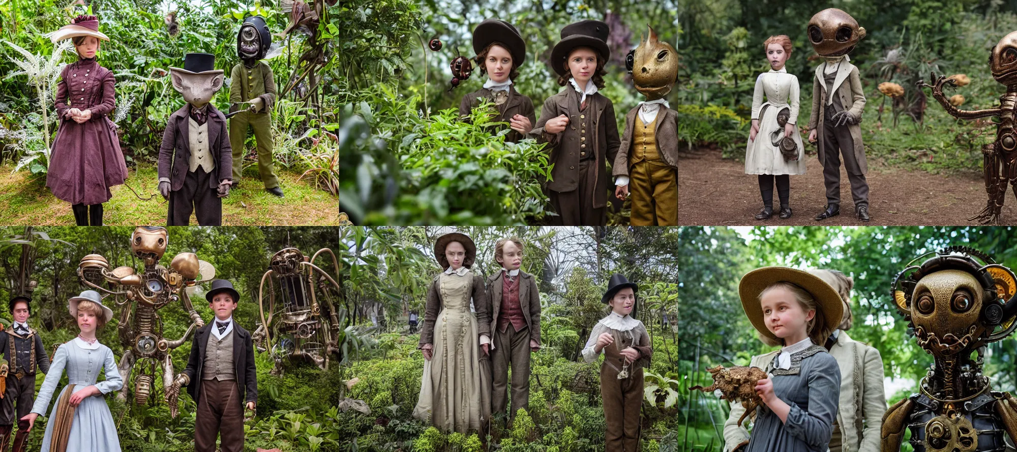 Prompt: detailed, sharp, a girl and a boy standing next to some alien plants, looking happy, wearing 1850s era clothes, their small pet alien creature is hovering nearby, in a park on an alien planet, steampunk, extremely highly detailed, hyperrealistic, highly detailed faces, 70 mm still from a period sci fi movie, 4k, HD