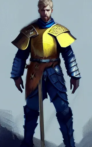 Prompt: highly detailed concept art by Greg Rutkowski of a rugged young knight with blonde hair and blue eyes and a short beard wearing a blue shirt and a yellow cape and leather boots holding a shield and a warpick, concept art, realistic, masterpiece, ArtStation