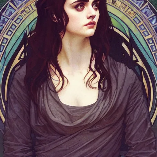 Image similar to a combination of Alexandra Daddario, Maisie Williams, Krysten Ritter, Anne Hathaway and Natalia Dwyer Christina Ricci and Lily Collins by Alphonse Mucha, Magali Villeneuve and Livia Prima, trending on artstation, long hair, dark eyes