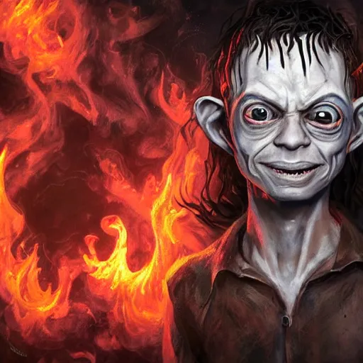 Image similar to An epic fantasy comic book style portrait painting of young Gollum with red spiked long hair, using an orange lens googles. Wearing white shirt, a black waistcoat, brown pants and black boots. He is throwing a wild fire blast from his hands, with a vicious smile in face. Unreal 5, DAZ, hyperrealistic, octane render, cosplay, RPG portrait, dynamic lighting , 8k ,