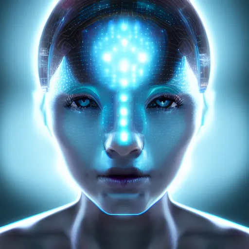 Prompt: artificial intelligence, server in the middle, deep view, heavy blue led lights, wires connected, award winning creature portrait photography, extremely detailed, artstation, 8 k, sensual lighting, incredible art, wlop, artgerm