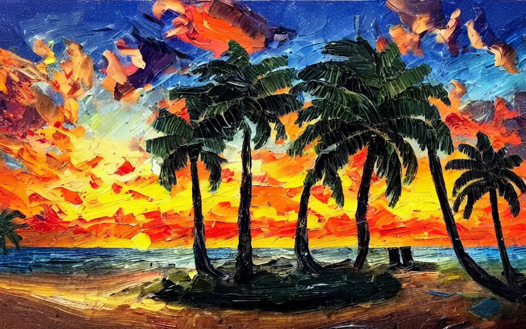 Image similar to a very very small island! with a paved patio, cute cozy large cottage!! with chairs and string lights!!!, palm trees, dark very late evening cloudy sunset, dramatic and dynamic lighting, thick brush strokes oil impasto painting