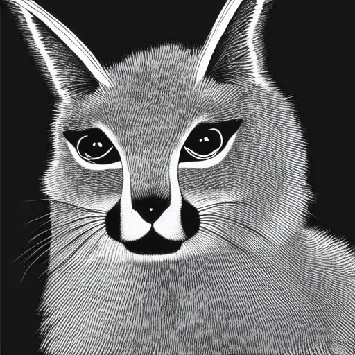 Prompt: black and white illustration, creative design, cute fluffy caracal, by junji ito