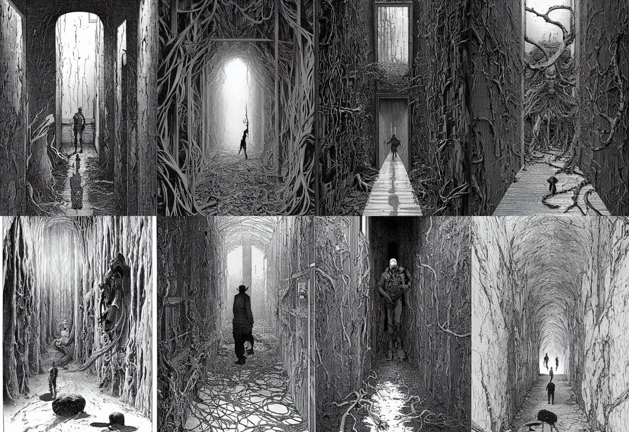 Image similar to a giant man walks in an old wood corridor, 2 meters, black and white illustration, by james jean and wayne barlowe and moebius