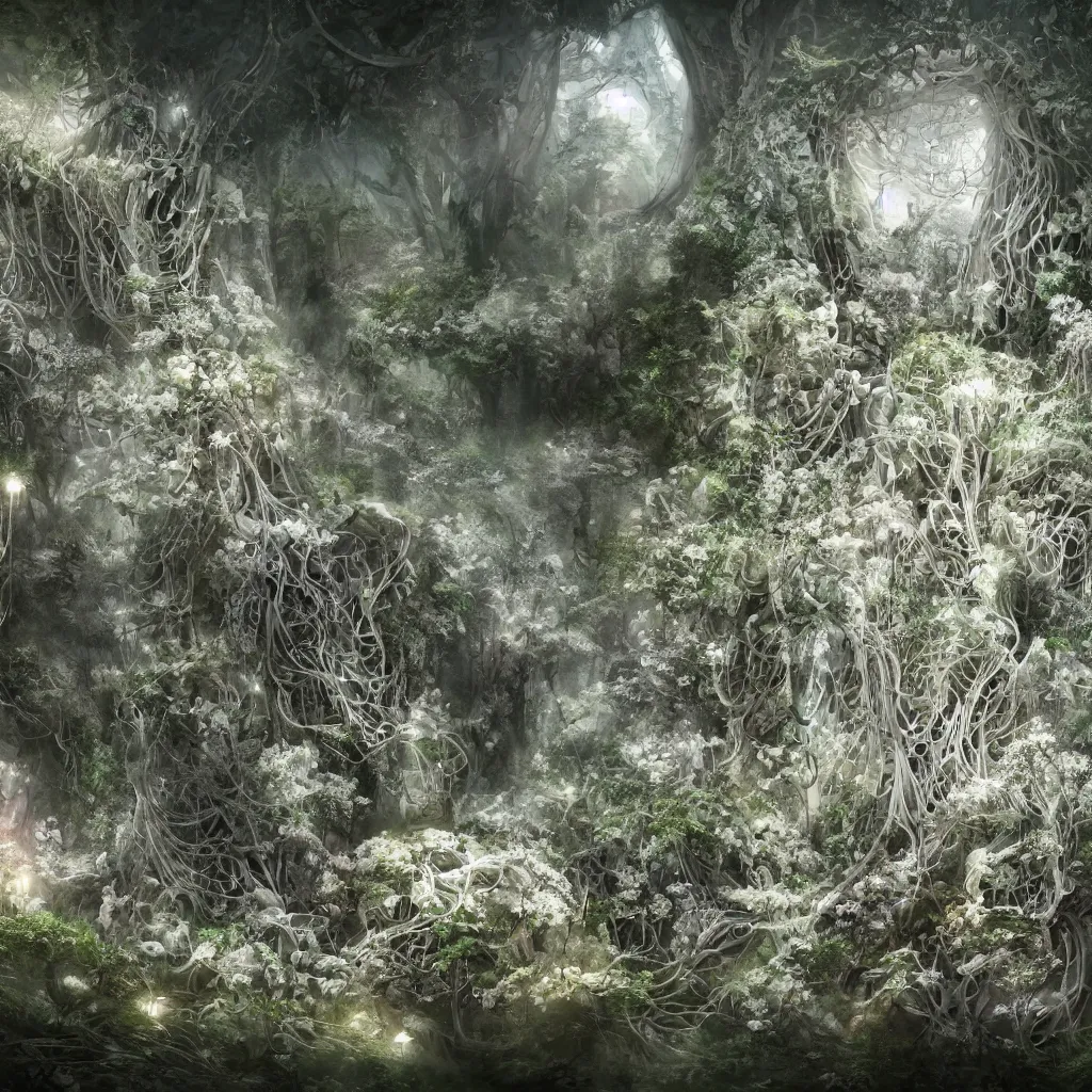 Image similar to biocomputer heart organ intertwined with white biocomputer flowers in a biomechanical cave forest, intricate environment, matte painting, diffused lighting, highly detailed cinematic, atmosphere, diffused lighting, highly detailed digital art, trending on artstation, depth of field, wide angle