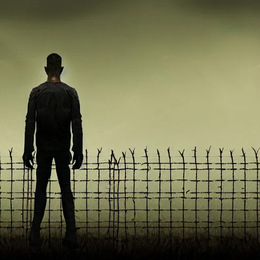 Image similar to a dystopian matte painting of a scared man standing in front of a fence with barbed wire, by jeffrey smith, tim biskup, behance contest winner, wallpaper, digital illustration