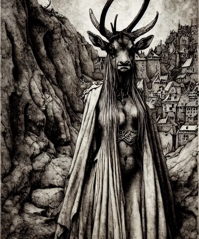 Image similar to A detailed horned antelopewoman stands by the medieval village. Wearing a ripped mantle, robe. Perfect faces, extremely high details, realistic, fantasy art, solo, masterpiece, art by Zdzisław Beksiński, Arthur Rackham, Dariusz Zawadzki