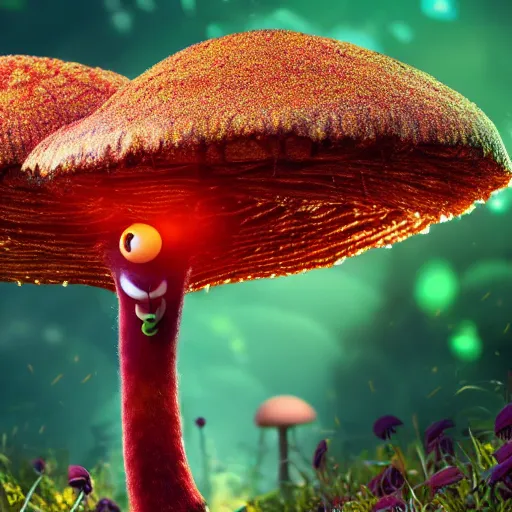 Prompt: a dark skinned anthro fungal mushroom with long arms and long legs wearing a floral dress, fireflies, vivid colours, ultra realistic,, cg society contest winner, behance contest winner, artstation, 4 k uhd art, unreal engine 5