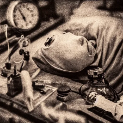 Image similar to an alien autopsy, realistic, vintage, grainy, old style photo, sepia, dark, medical lighting, masked doctors