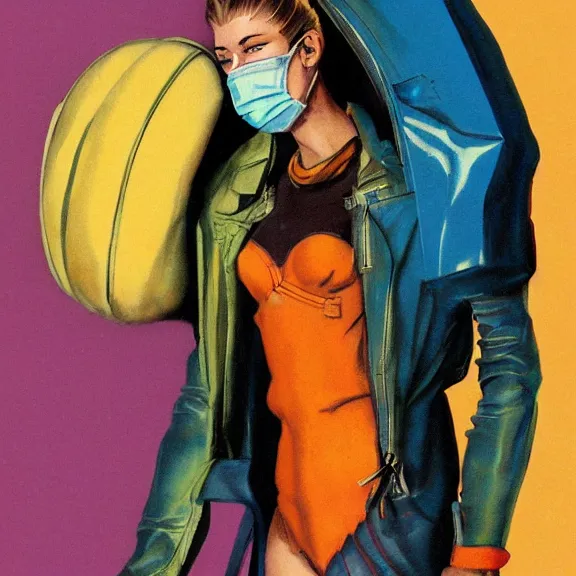 Prompt: illustration of model in plastic space mask wearing baggy colorful 9 0 s rick owens jacket by frank frazetta. sci fi book cover. pastel brutalist background.