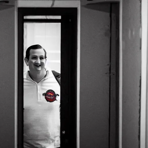 Image similar to Ted Cruz with a wide grin peaking through a door in the distance at the end of a narrow corridor, black and white, creepy lighting, scary, horror, ornate, eerie, fear