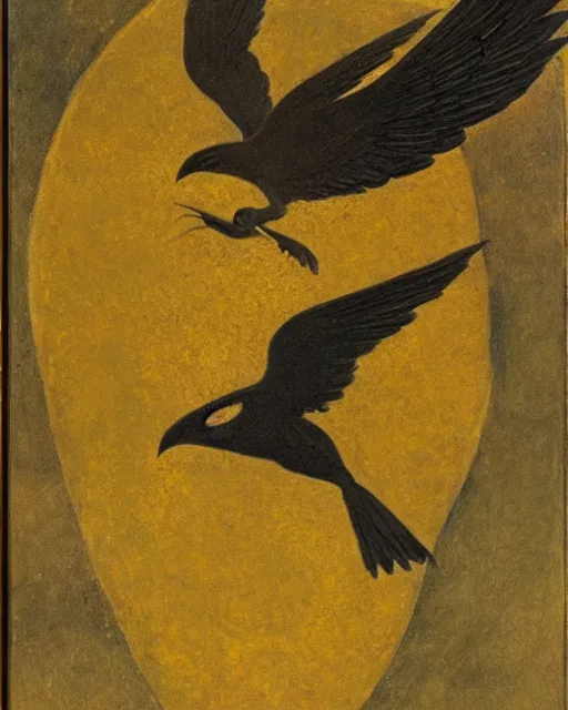 Image similar to calibri bird flies over the abyss Gustav Kilmt, symbolist, gold leaf, 1908