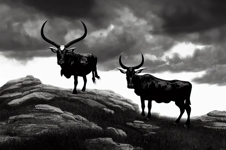 Prompt: a black and white longhorn on a high bluff, key visual, concept art, extremely moody lighting, highly detailed, digital painting, artstation, unreal engine, in the style of charles marion russell and albert bierstadt and frederic remington