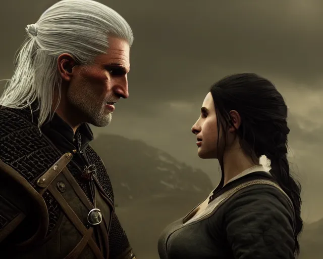 Image similar to 5 5 mm portrait photo of geralt cowering while being yelled at by yennefer of vengerberg. magical atmosphere. art by greg rutkowski. highly detailed 8 k. intricate. lifelike. soft light. nikon d 8 5 0.