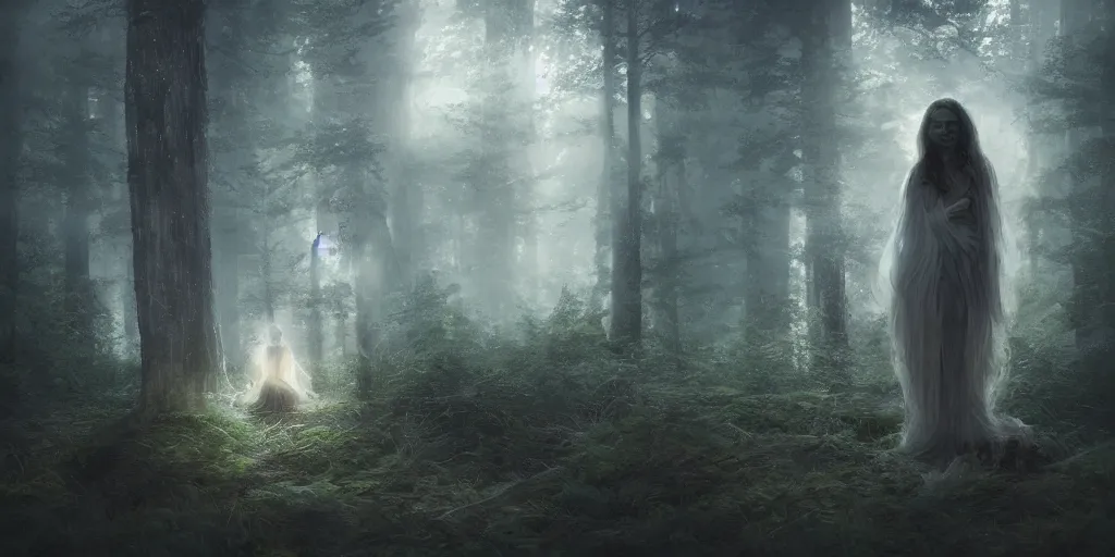 Image similar to a close up portrait of the ghost lady with a wood spirit in the trees with misty will o the wisp, photorealistic, by jessica rossier, wlop, 4 k resolution h 7 6 8