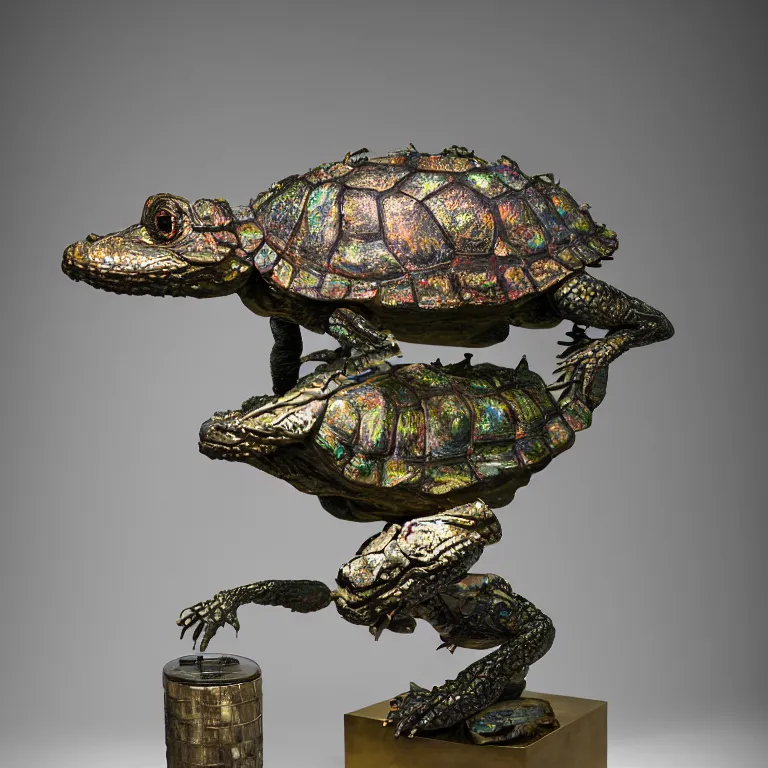 Prompt: hyperrealistic sculpture of a bronze fossilized alligator tortoise dusted with iridescent spraypaint and ferns in a nylon grid cage on a pedestal by ron mueck and duane hanson and lee bontecou, hyperrealistic dramatic colored lighting trending on artstation 8 k