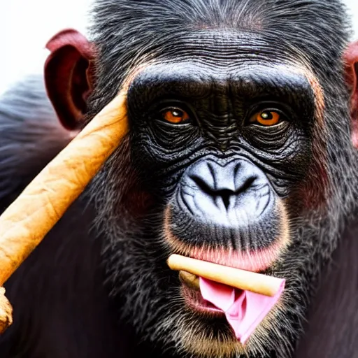 Image similar to a high detail closeup shot of a chimp wearing a suit and smoking a cigar