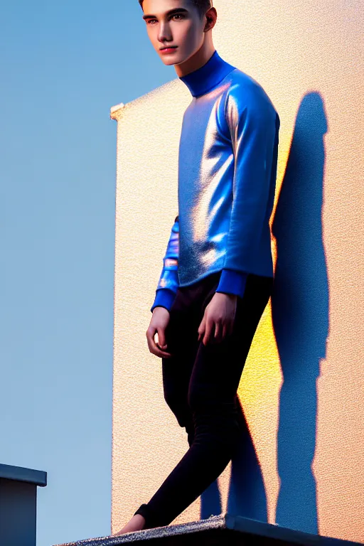 Image similar to un ultra high definition studio quality photographic art portrait of a young man standing on the rooftop of a british apartment building wearing soft padded silver pearlescent clothing. three point light. extremely detailed. golden ratio, ray tracing, volumetric light, shallow depth of field. set dressed.