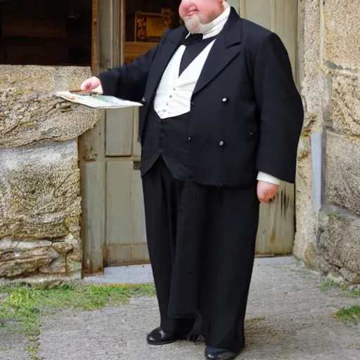 Prompt: portly French gentleman, a member of the clergy, holding a cereal box