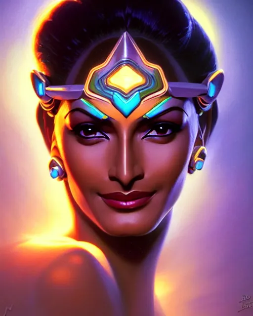 Image similar to symmetra from overwatch, bust, fantasy, fantasy art, fantasy, colorful, elegant, character portrait, portrait, close up, highly detailed, intricate detail, amazing detail, sharp focus, vintage fantasy art, vintage sci - fi art, radiant light, caustics, by boris vallejo