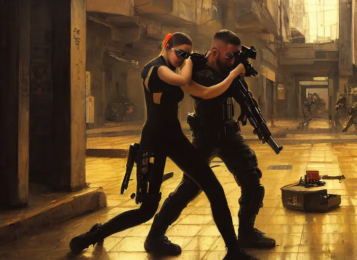 Image similar to Maria defeats sgt Nash. Cyberpunk hacker wearing yellow fighting menacing police troopers (blade runner 2049, cyberpunk 2077). armbar. Orientalist portrait by john william waterhouse and James Gurney and Theodore Ralli and Nasreddine Dinet, oil on canvas. Cinematic, hyper realism, dramatic lighting, high detail 4k