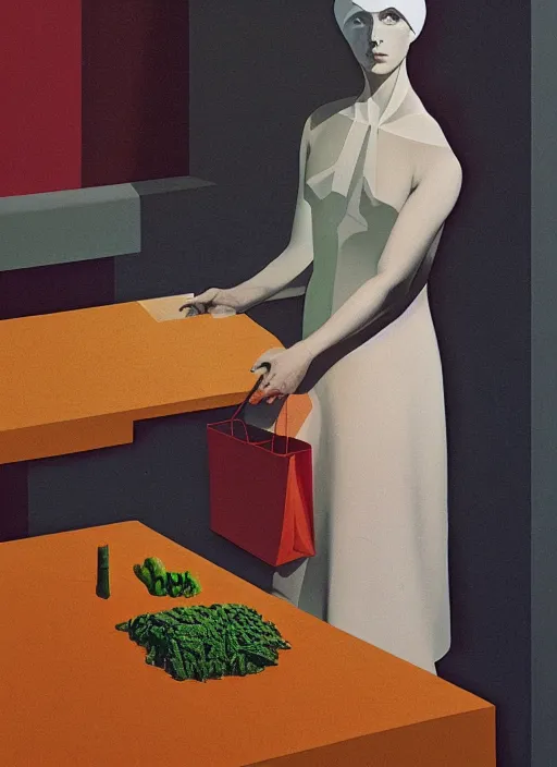 Image similar to isometric woman in a paper bag over the isometric head in isometric restaurant with a sward Edward Hopper and James Gilleard, Zdzislaw Beksinski, highly detailed