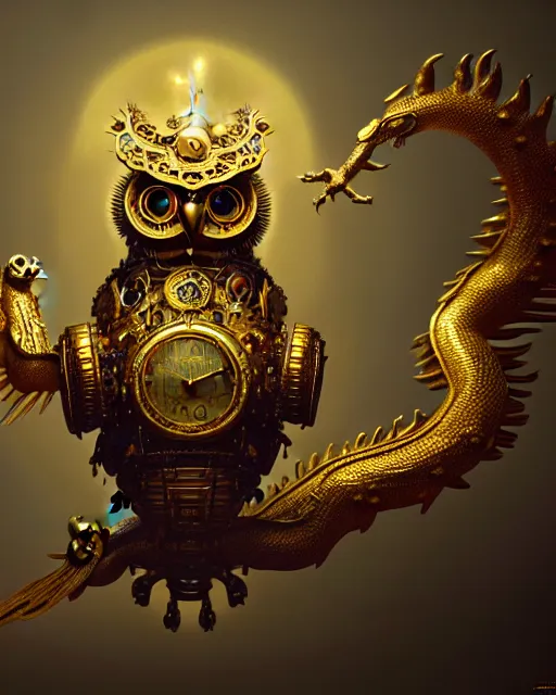 Image similar to oil painting of ornate intricate golden Steampunk owl Golem fighting chinese dragon, sharp focus, fantasy style, steampunk city background, octane render, volumetric lighting, 8k high definition, by greg rutkowski, highly detailed, trending on art Station