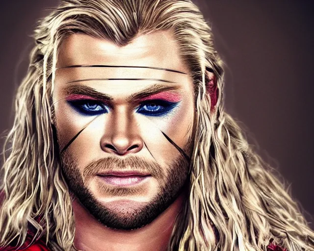 Image similar to chris hemsworth as thor with exaggerated drag queen makeup, digital art, amazing detail, photorealistic