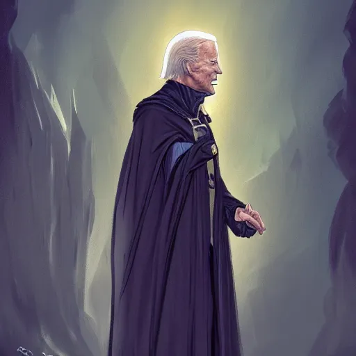 Image similar to joe biden wizard in a dark cloak, concept art, fantasy, fantasy art, trending on artstation, highly detailed, award winning, museum piece