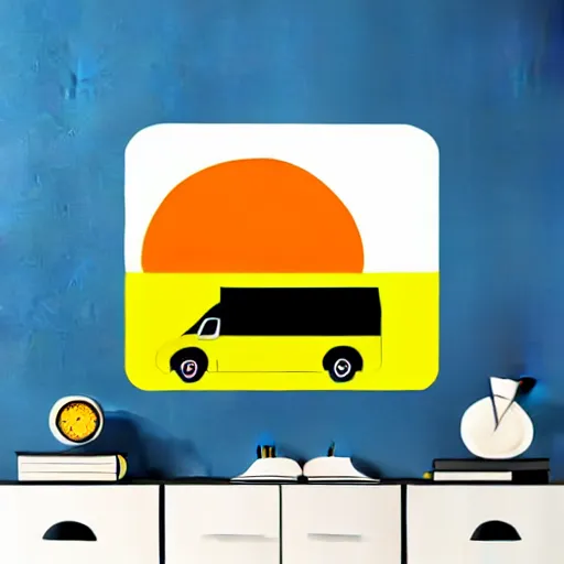 Prompt: minimal vector art sticker of a white and black cute thor chateau! motorhome camper!!, highway, mountains and colorful sunset!!, dramatic, warm bright colors, thick lines, very minimal vector art, sticker!! by tom whalen